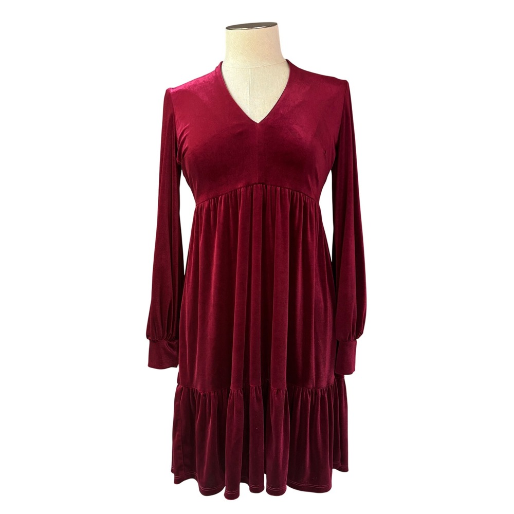 Just Taylor Velvet Dress Women's S Burgundy Babydoll Tiered Romantic Whimsigoth